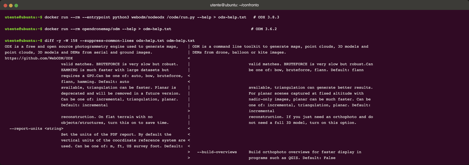 Output di diff -y tra odm-help.txt e odx-help.txt, con le righe differenti evidenziate