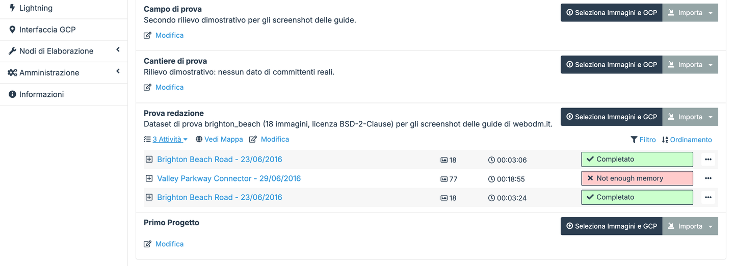 Dashboard di WebODM dopo il ripristino con l'elenco dei progetti recuperati